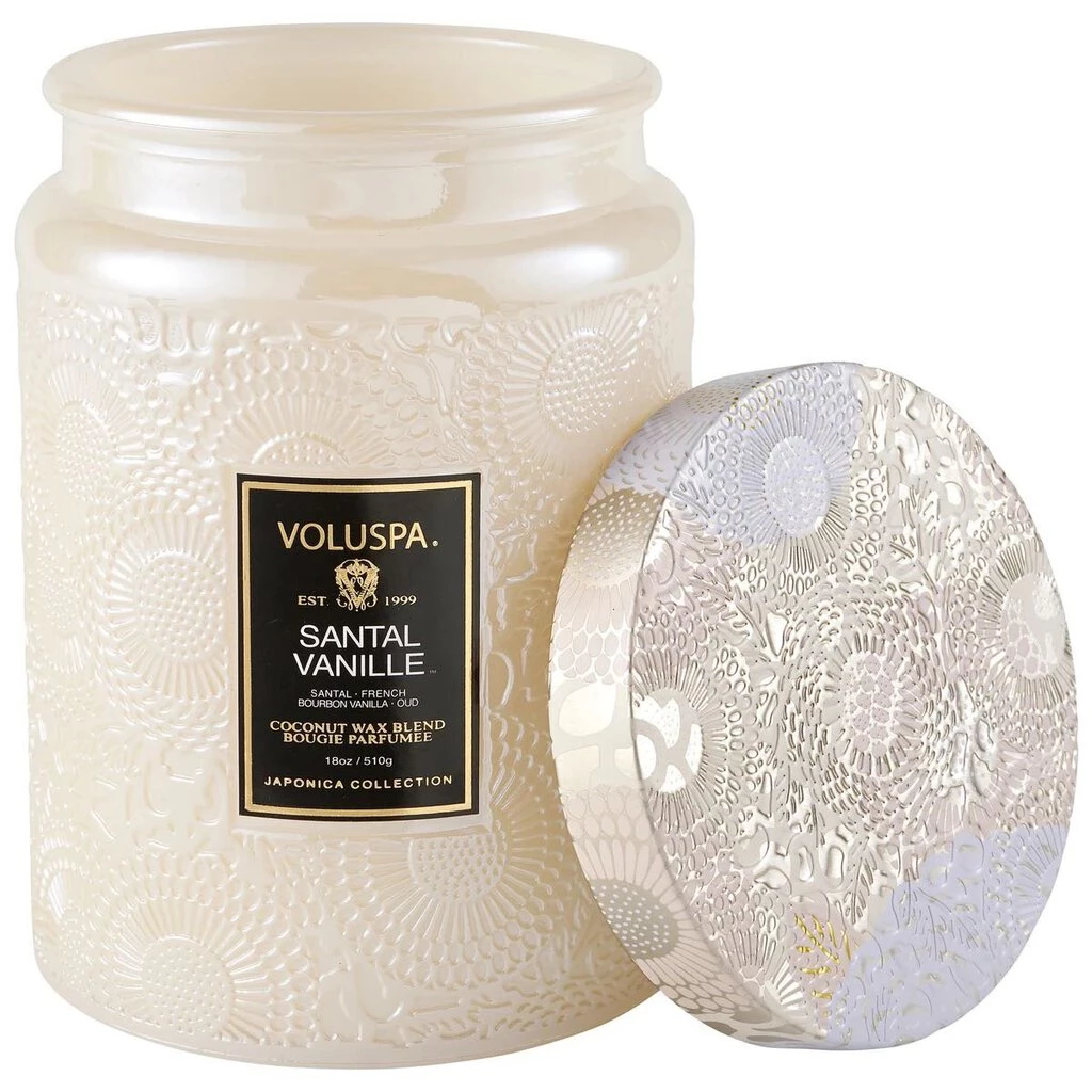 HausOfRex Looking Playing Loving Voluspa Santal Vanille Lg. Embossed Glass Jar W/Lid 2 HausOfRex Looking Playing Loving Voluspa Santal Vanille Lg. Embossed Glass Jar W/Lid
