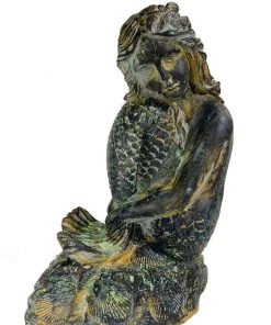 HausOfRex Looking Playing Loving Mermaid Musing Statue In Concrete W/Faux-Bronze Patina
