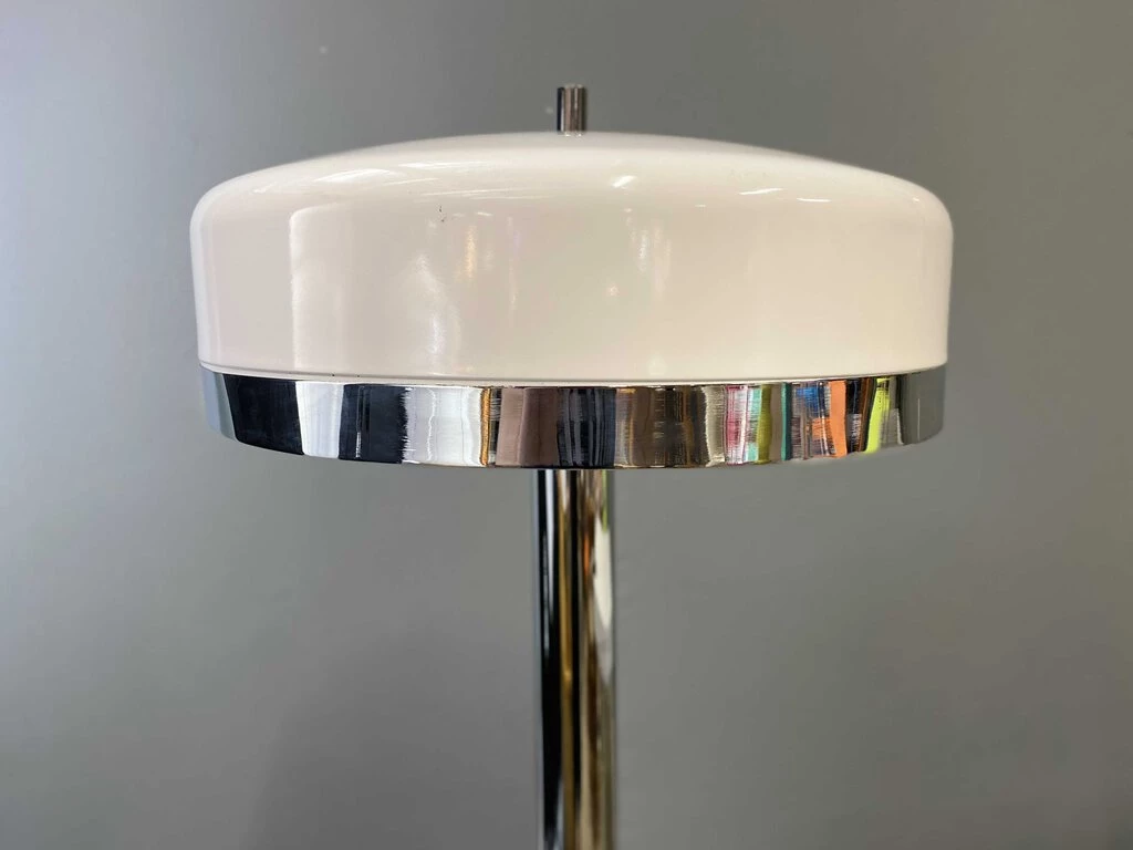 HausOfRex Mid-Century Mushroom Lamp In Chrome And White Enamel (55" Tall) 2 HausOfRex Mid-Century Mushroom Lamp In Chrome And White Enamel (55" Tall)
