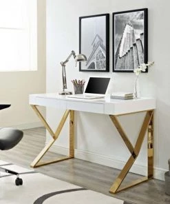 HausOfRex Manolo Desk In White Gloss & Gold
