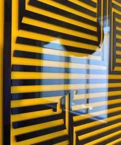 HausOfRex Laser Cut Acrylic Artwork 23? X 23? Black Gloss Acrylic On Yellow Gloss Background. Mounted In Black Frame With Glass. Looking Playing Loving