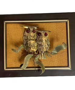 HausOfRex Mid Century Brutalist Owl Duo On Burlap In Walnut Frame