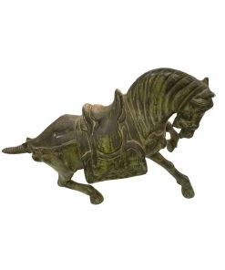 HausOfRex Chinese Tang Dynasty Style Patina Bronze Hors Sculpture Looking Playing Loving