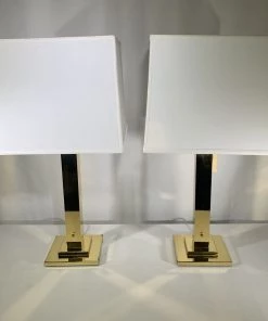 HausOfRex Pair - Mid Century Modern Monumental Nessen Brass Lamps, Custom Shades