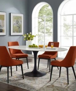 EEI-3542-BLK-WHI Tulip Dining Table Oval In Faux Marble With Black Base 78