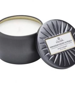 Voluspa MAKASSAR EBONY & PEACH Petite Tin Candle Looking Playing Loving