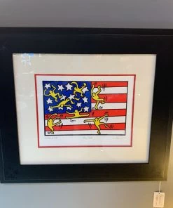 HausOfRex Keith Haring Framed Lithography "America Flag" 27" X 23.5" S Looking Playing Loving